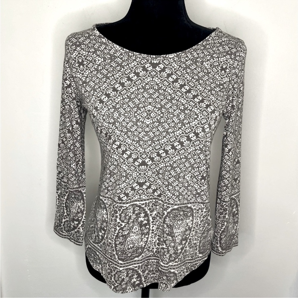 Lucky Brand Gray Tan Boho Print 3/4 Sleeve Tunic Top Small